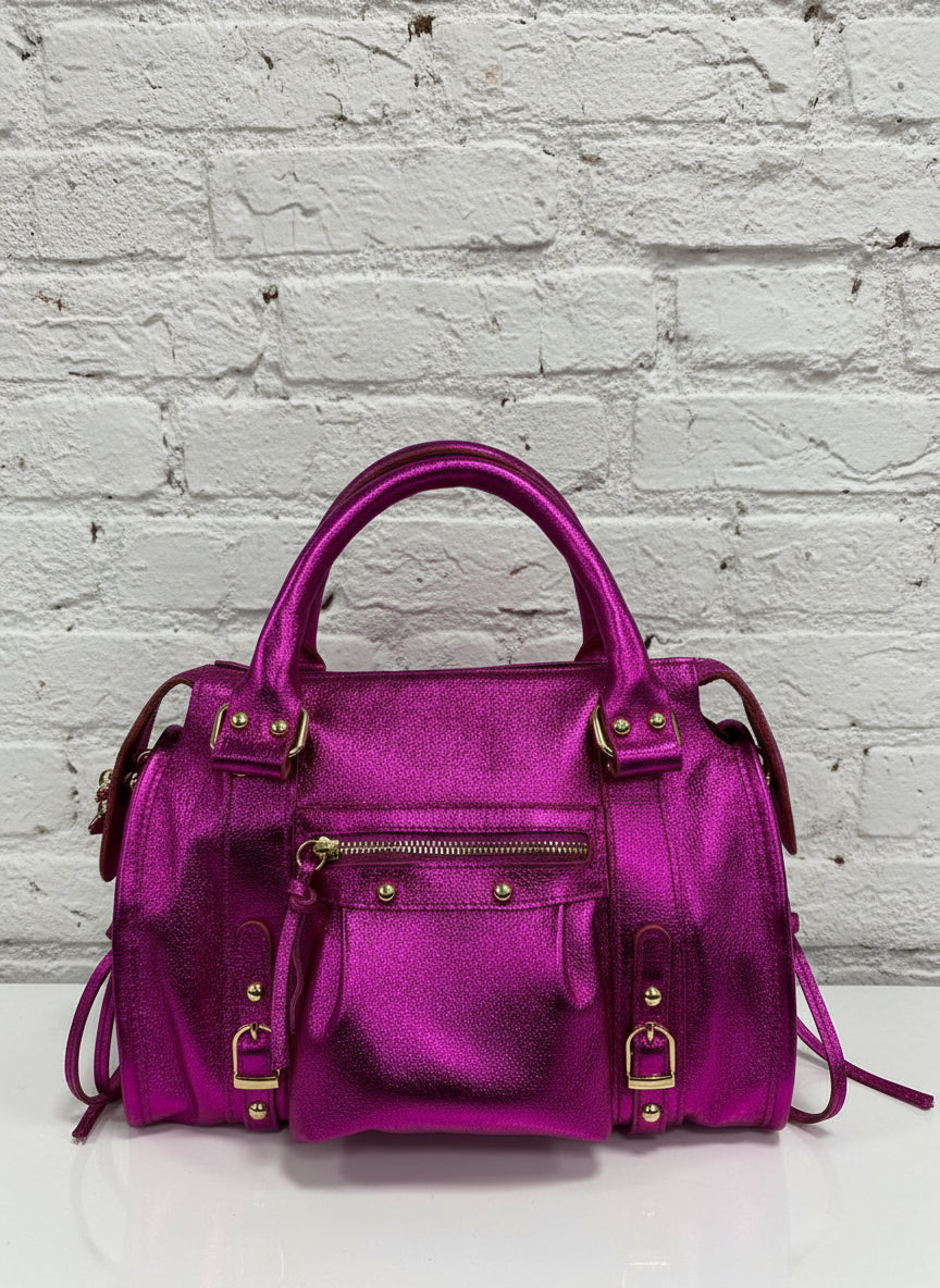 City bag media vera pelle satinata